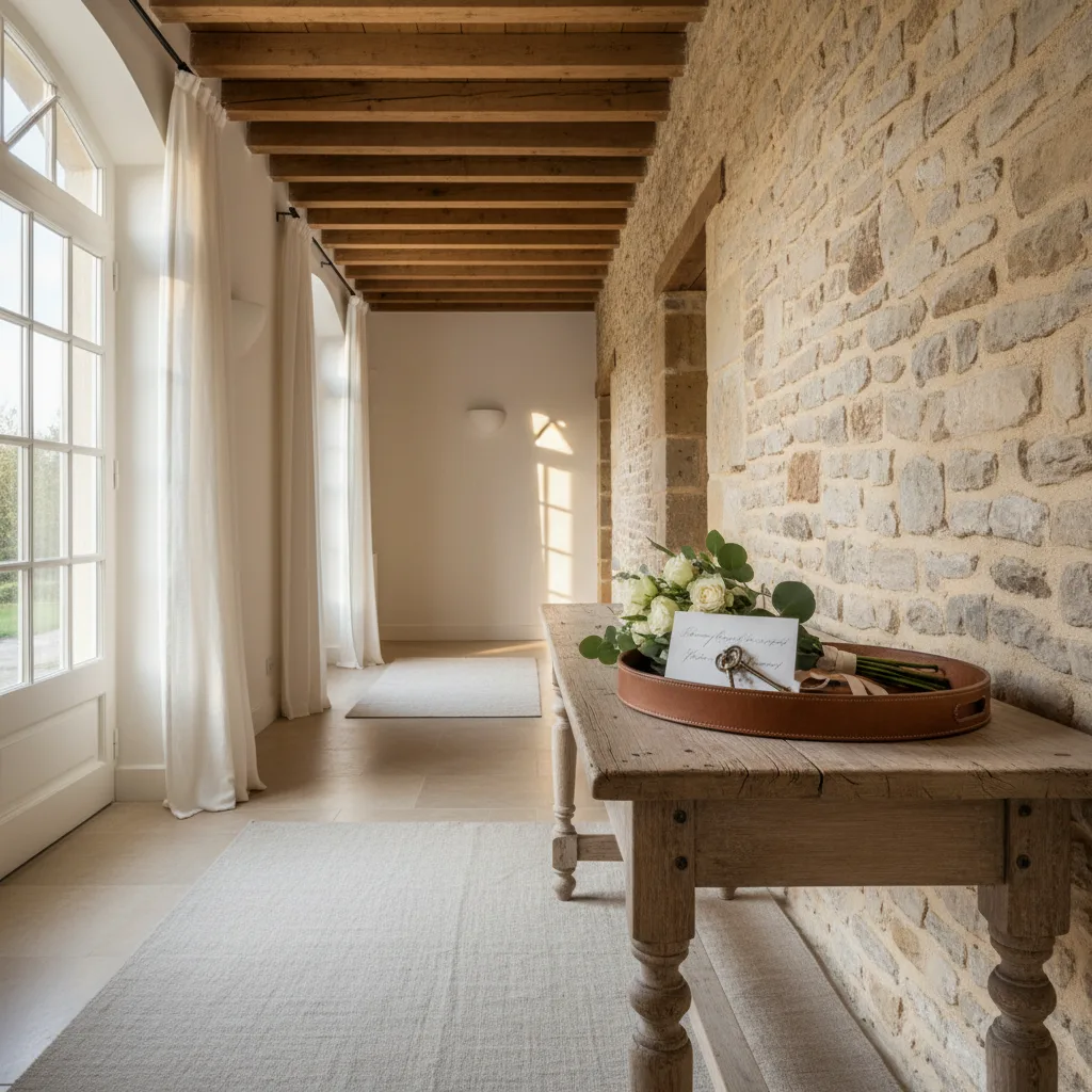 Leather welcome tray with keys, handwritten welcome card and fresh flowers on a wooden console at the entrance of a French stone holiday rental